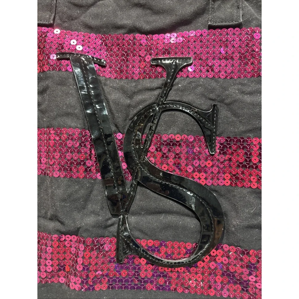 Victoria's Secret Black With Pink Sequin XL Tote Stripe Limited Edition Top Zip